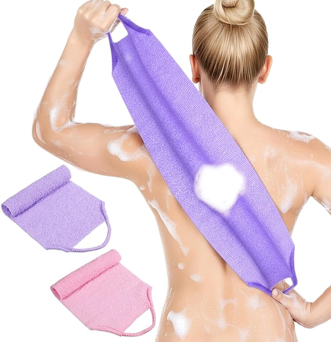 2 Pack Exfoliating Back Towel Scrubber for Shower, Nylon Exfoliating Back Washer for Shower for Women with Handles, Stretchable Pull Strap Bath Scrubber for Women Men Clean Skin Deeply(Pink, Purple)