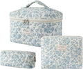 uekeboag 3Pcs Large Travel Quilted Makeup Bag for Women, Floral Cotton Cosmetic Bag, Coquette Aesthetic Floral Toiletry Organizer Bag(3Pcs LightBlue