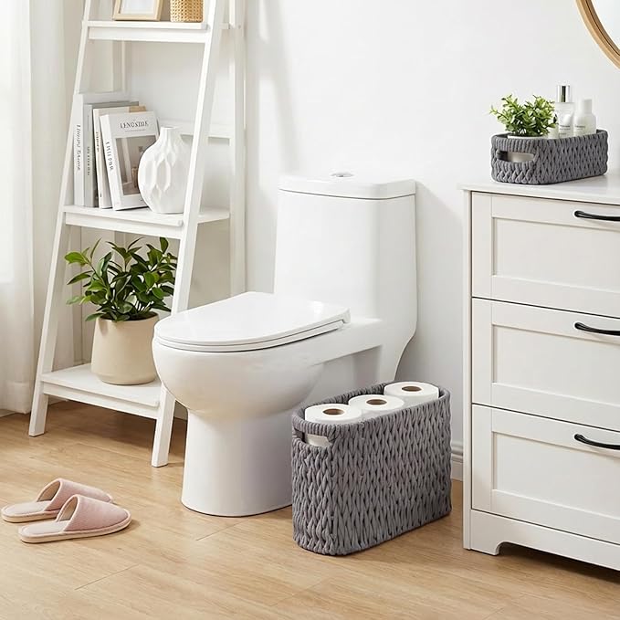 Boho Toilet Paper Storage Baskets, Cotton Rope Woven Bathroom Basket Set of 2, Standing Toilet Paper Holder for 6 Mega Rolls,Storage Bins for Toilet Tank Top, Bathroom Organizer Decor (Gray 2 Pack)