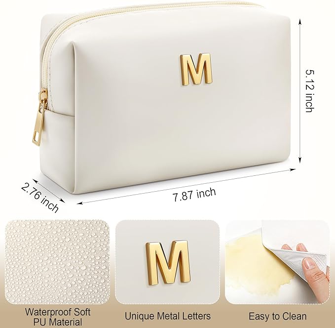 Kigeli Gifts for Women Teen Girls Gifts for Bridesmaid Mom Teachers Graduation Birthday Wedding Personalized Initial Makeup Bag Beige PU Leather Monogram Cosmetic Waterproof Travel Toiletry Bag(M)