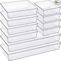 Criusia Drawer Organizer, 10 Pack Large Clear Plastic Set, 3 Size Versatile Bathroom and Vanity Organizer Trays, Storage Bins for Makeup, Bedroom, Kitchen Utensils
