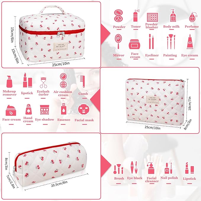 Gosect 3pc Makeup Bag Set, Quilted Makeup Bag Set, Large Floral Cosmetic Bag for Women, Cute Cotton Makeup Bags, Flower Travel Toiletry Organizer Bag (Pink Cherry Flowers)