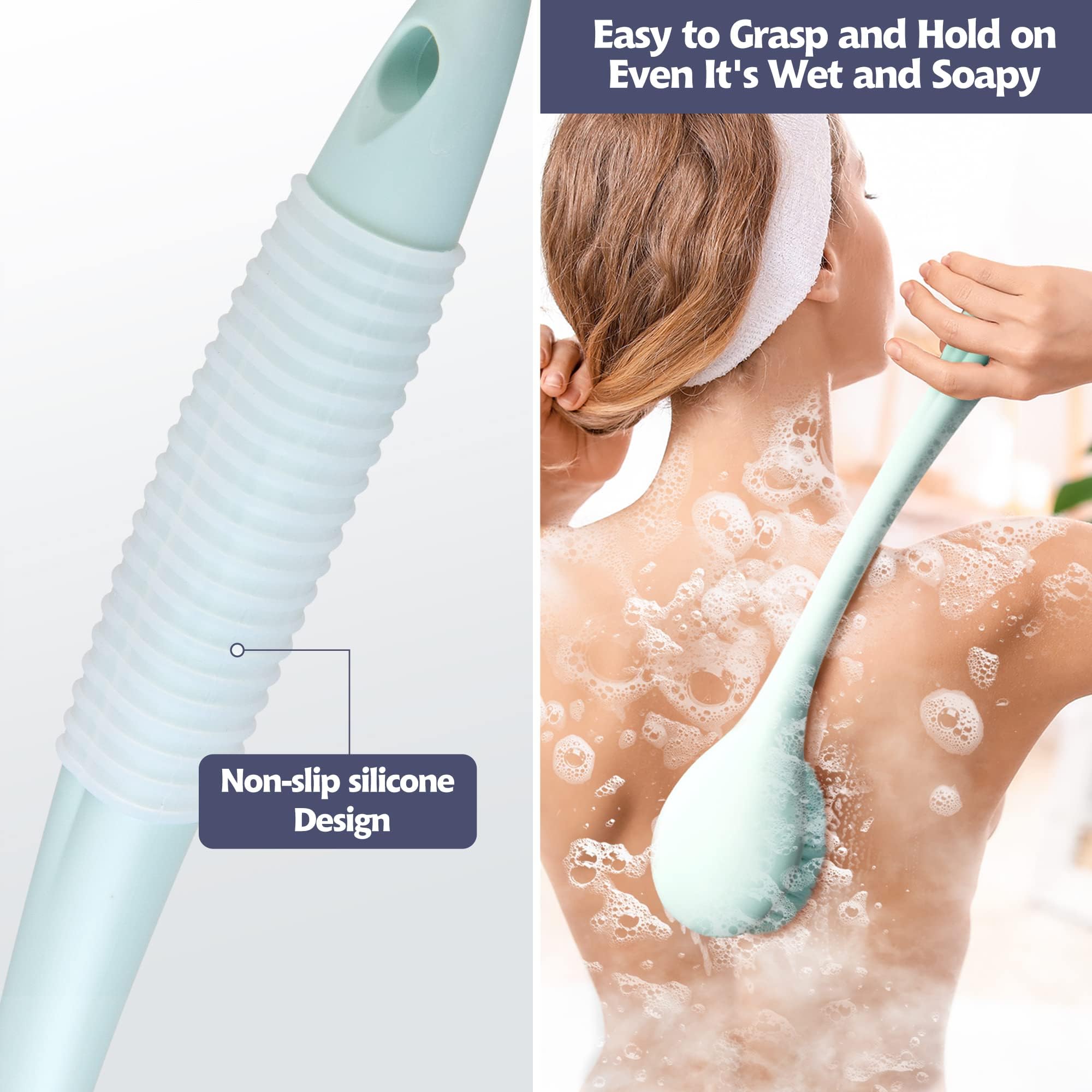BEDELITE Back Bath Brush Long Handle for Shower of 2 - Soft Shower Brush for Men & Women,Back Brush Scrubber - 16.4" Long Skin Exfoliator for Bath Scrubber Body Brush（Blue & Blue）