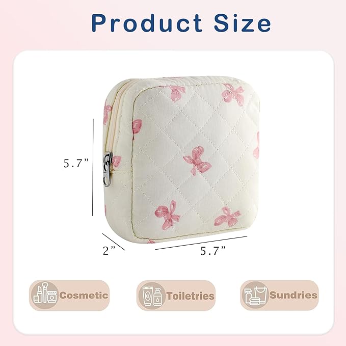 RSRSLEII Small Quilted Cosmetic Pouch for Purse, Mini Cotton Makeup Bag with Compartments, Cute Zipper Lipstick Holder for Women (03White Bow)
