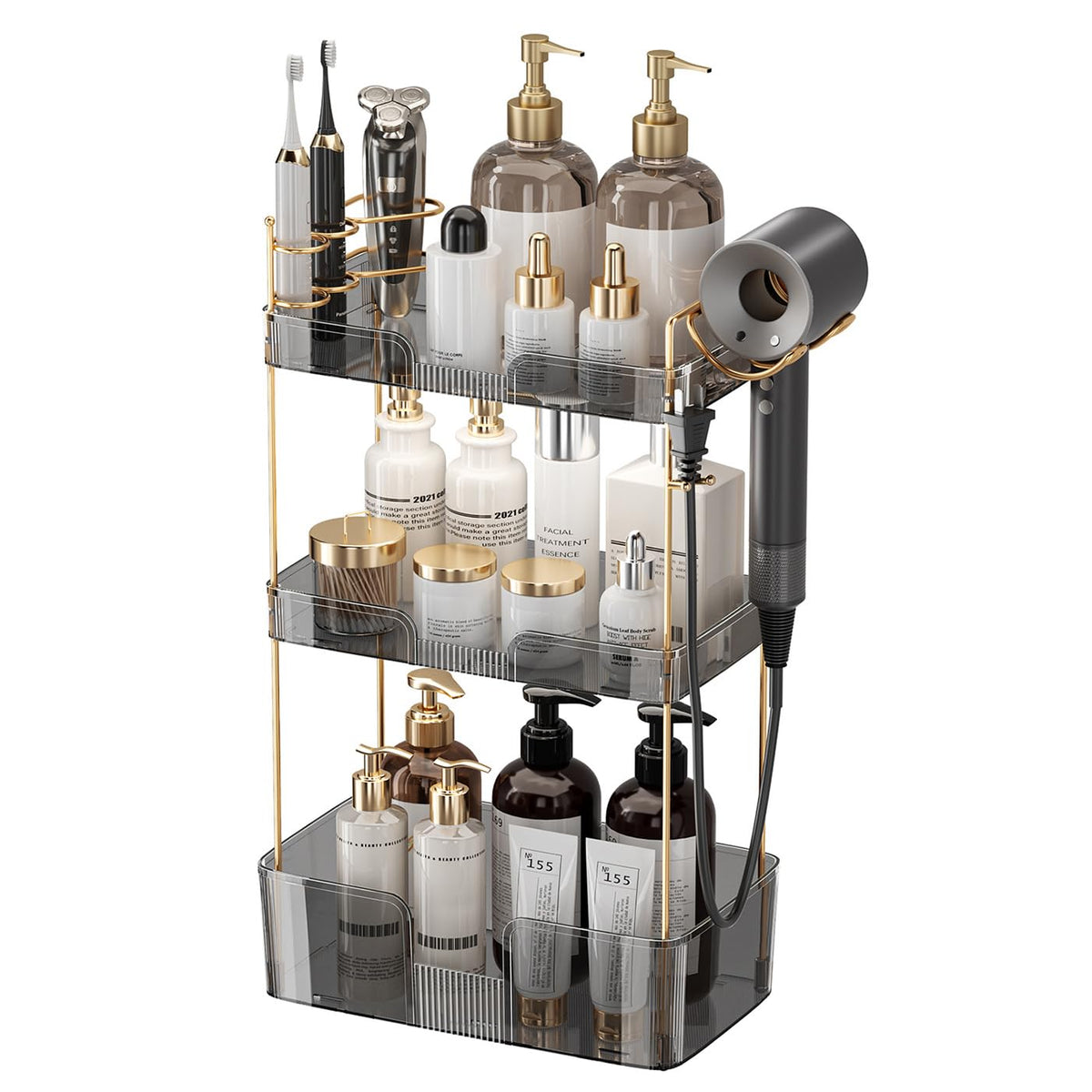Aveniee Bathroom Counter Organizer Countertop, 3 Tier Makeup Perfume Storage with Hair Dryer Rack and Toothbrush Holder, Cosmetic Tray for Vanity - Clear