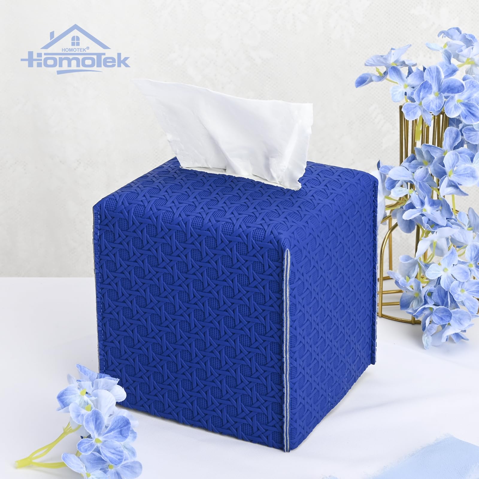 HOMOTEK 2 Pack Tissue Box Cover, Square PU Leather Tissue Holder, Decorative Facial Tissue Cube Paper Organizer Dispenser for Bathroom, Night Stands, Desk, Car 5X5X5'' - Rattan Weave,Blue