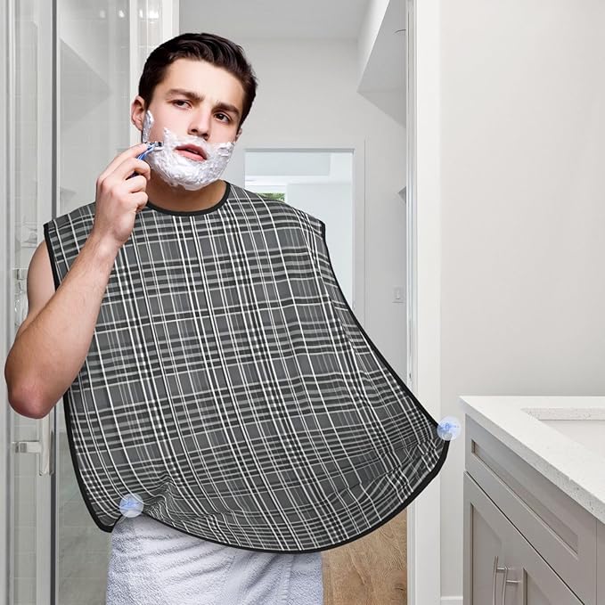 YQxwJL Gray Plaid Lines Print Beard Bib Shaving Apron, Beard Hair Trimming Cape Gift For Dad
