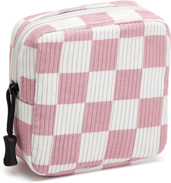 ZOEMTIU Small Makeup Bag for Purse,Mini Cosmetics Bag cute Zipper corduroy Cosmetic Pouch Storage Pouch Travel Toiletry Organizer for Women Girls(Checkered Pink)