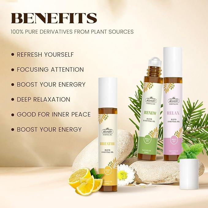 Essential Oils Roll On Set,Gifts for Women & Men (Calm, Relax, Breathe, Focus on, Sleep, Renew), Natural Aromatherapy Oil Blend Kit with Roller Ball for Massage, Body Skin Care, Relaxation Gift