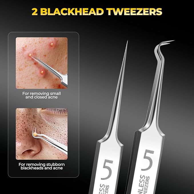 YGQQOY Professional Blackhead Remover Tools,Pimple Popper Tool Kit,Blemish, Whitehead Popping, 8 Pcs Zit Removing for Nose Face, Ingrown Hair Tweezers and Pore Prep Tool