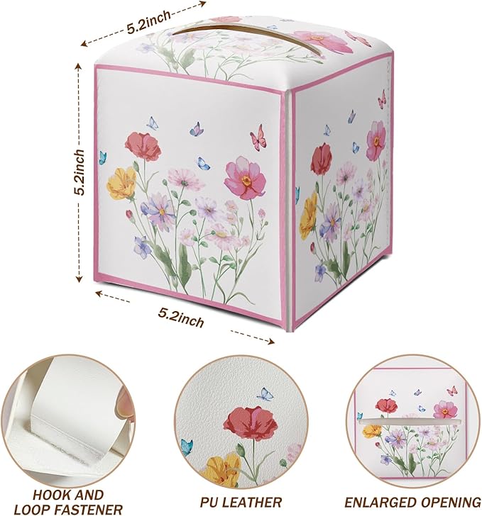 Wildflowers Butterfly Tissue Box Cover Square with Bottom Belt, Leather Waterproof Tissue Holder Facial Paper Case for Tabletop Home Office Bathroom Car Decor -05