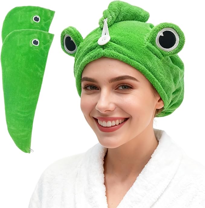 2-Pack Frog Hair Turbans, Super Absorbent Microfiber Hair Towels for Long Hair, Quick Dry, Cute Animal Design, Gift for Women Girlfriend Bestie