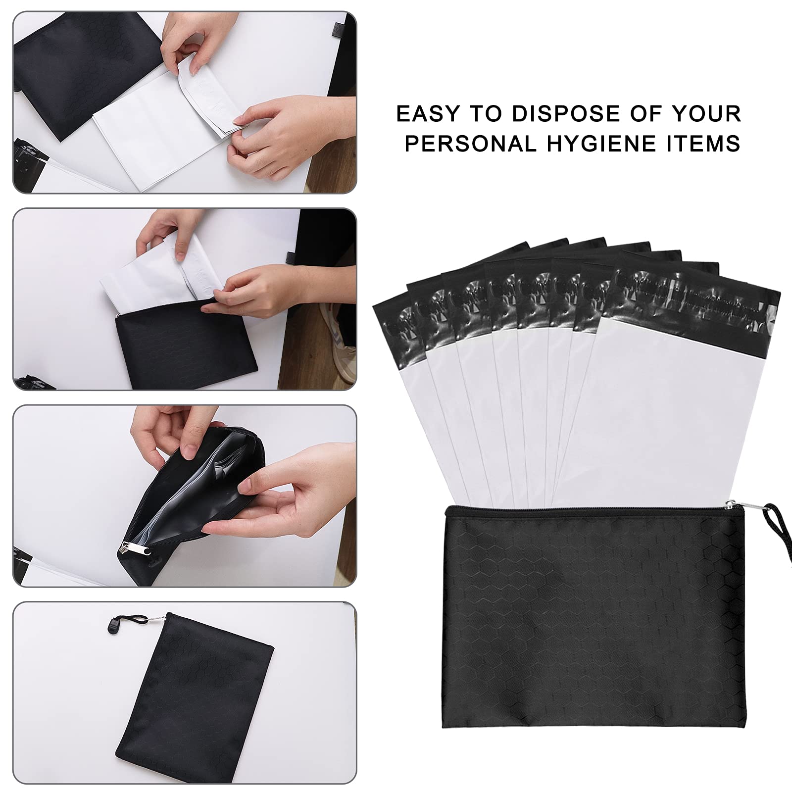 Feminine Personal Disposal Bags,5 * 8 inches Tampon Pack of 100 White Opaque Seal Discreet Disposal Bags for Tampons,Sanitary Pads,Sanitary Liners(with Black Storage Bag)