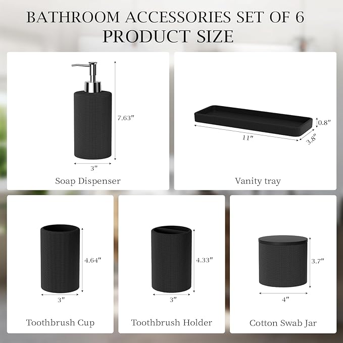 InnJoey 6-Piece Black Bathroom Set - Mesh Textured Resin Bathroom Accessories Set with Soap Dispenser, Toothbrush Holder, Cup, Vanity Tray & Apothecary Jars for Small Spaces