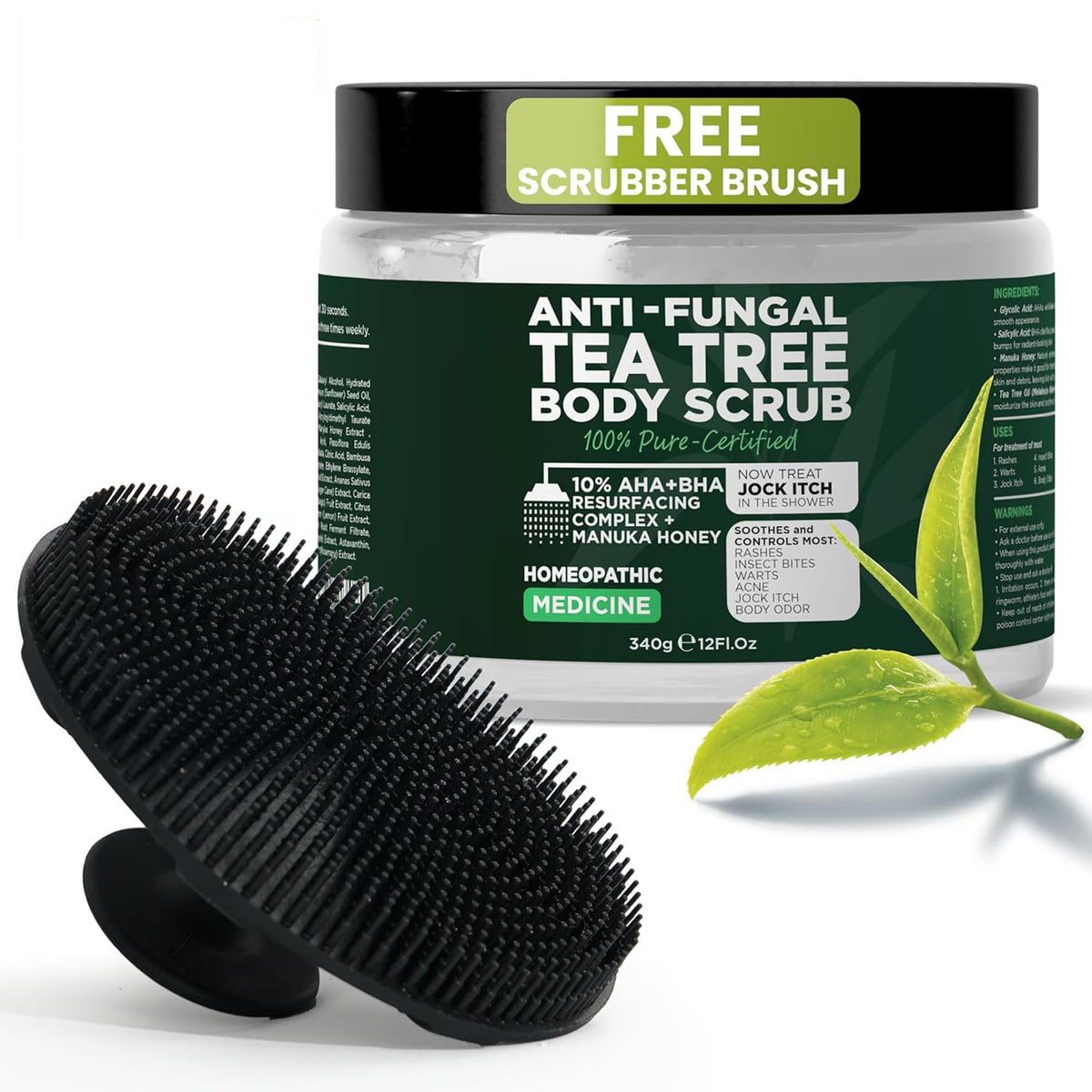 Antifungal Body Wash with Tea Tree Oil for Ringworm & Jock Itch w/Scrubber