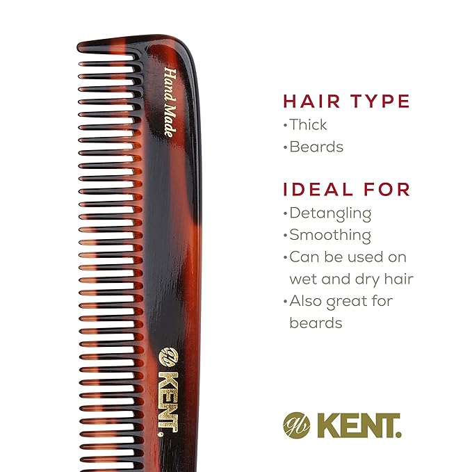 Kent R9T All Coarse Detangling Comb, Wide Teeth Dressing Table Comb for Thick Curly Wavy Hair. Detangler Combs for Grooming Styling Hair, Beard and Mustache. Saw-Cut. Handmade in England