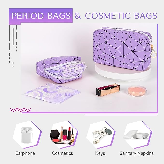 Likesing Period Bag for Teen Girls, Leather Sanitary Napkin Storage Bag, Portable Menstrual Pad Bag Period Pads Pouch, Small Make Up Bags (Purple)