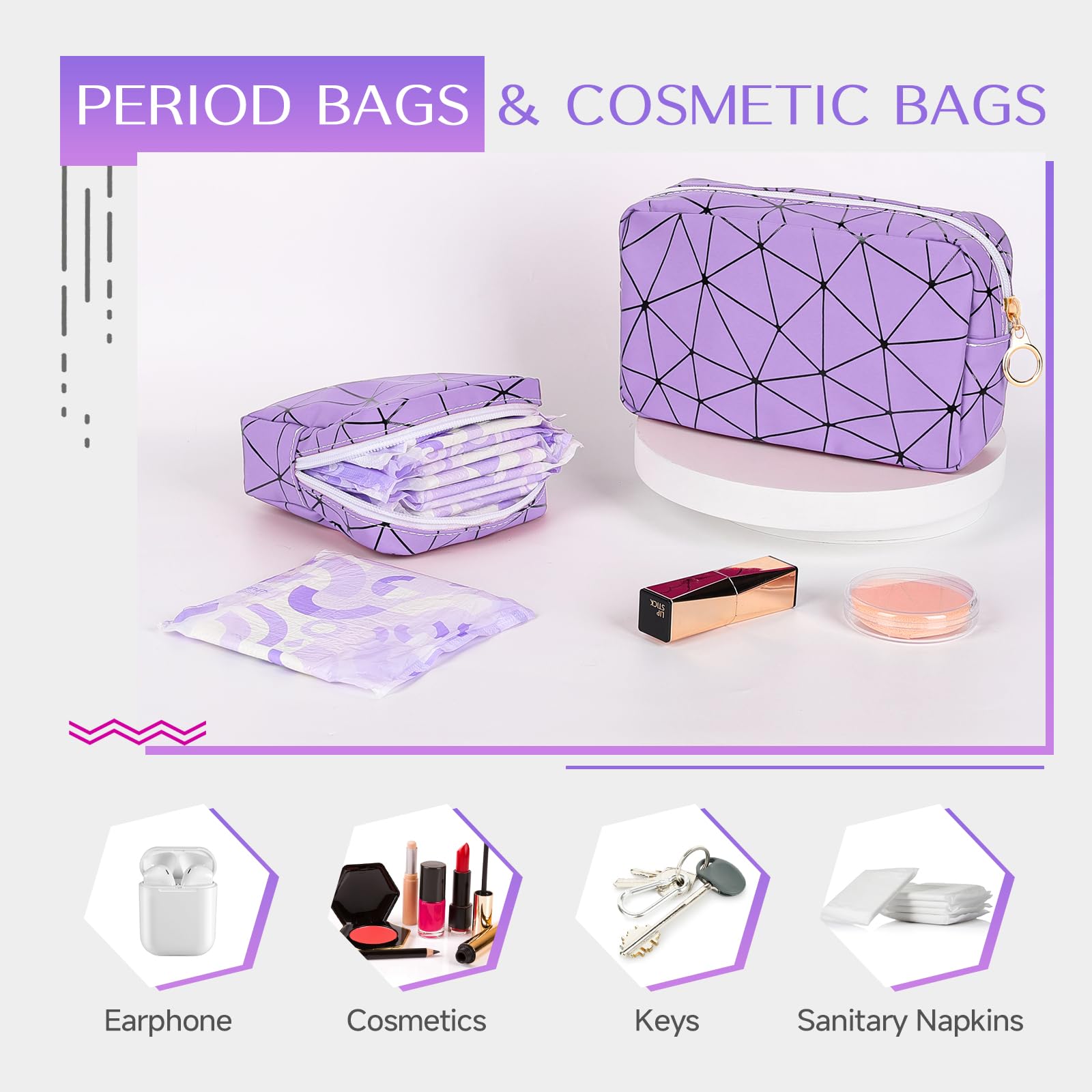 Likesing Period Bag for Teen Girls, Leather Sanitary Napkin Storage Bag, Portable Menstrual Pad Bag Period Pads Pouch, Small Make Up Bags (Purple)