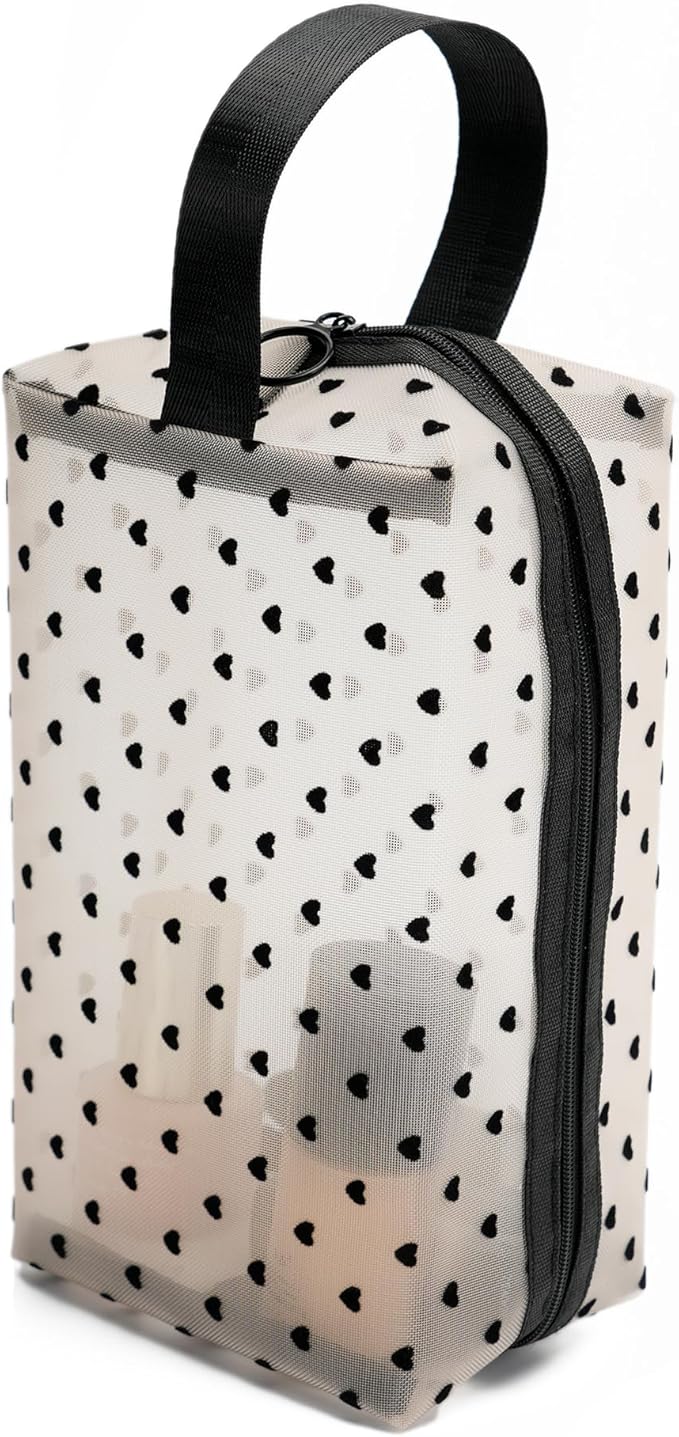 TOPASION Portable Mesh Makeup Bag with Zipper Small Travel Toiletry Bag Lightweight Cosmetic Pouch (Beige&Black Heart with Handle)