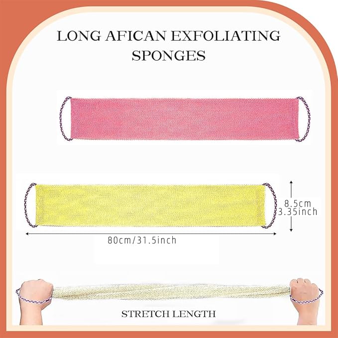 African Net Sponge Authentic - 3 Pcs Exfoliating Net Sponge with Mit Engmaschigem Design for Body & Back Scrubber, 31.5-Inch Long Bath Sponge for Shower, Skin Smoothing Washcloth (Pink, Yellow, White)