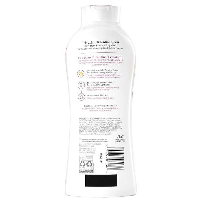 Olay Body Wash for Women, Fresh Radiance, Refreshing & Renewing, Made with Plant Based Cleansers, B3 Botanical Complex, For All Skin Types, Peach & Cherry Blossom Scent, 22 fl oz (Pack of 4)