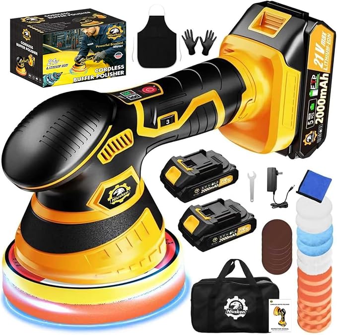 Cordless Car Buffer Polisher kit [2x 2000mAh 21V Batteries & 18 PCS Attachments] 6-Speed Orbital Design, LED Display, Lightweight Detailing Tool for Waxing, Polishing & Scratch Removal-Yellow