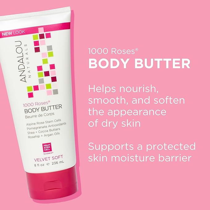 Andalou Naturals 1000 Roses Velvet Soft Body Butter | Rich Hydrating Moisturizing Cream for Nourishing Dry Skin | Shea Butter, Cocoa Butter, and Rose Stem Cells for Softening Skin | 8 fl oz