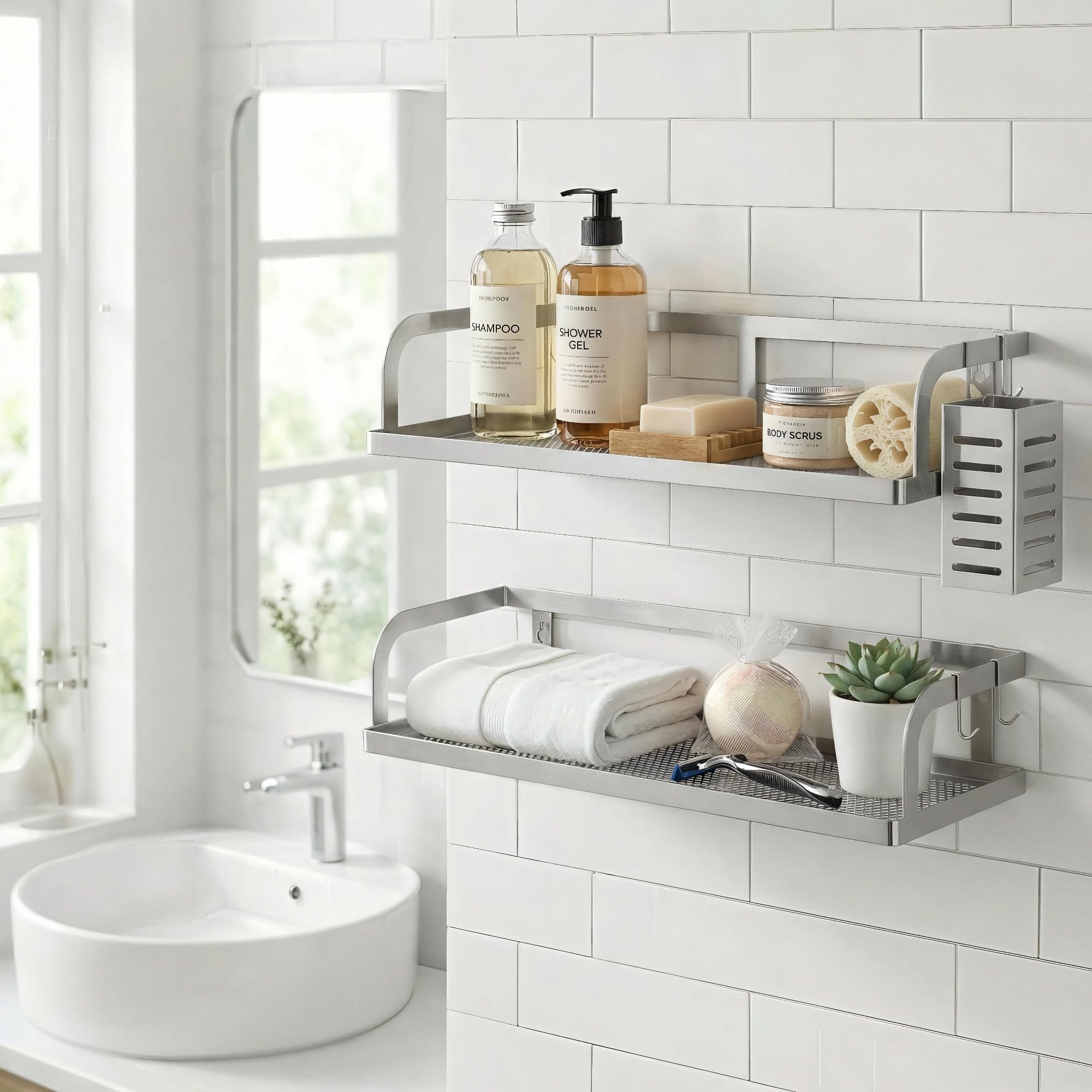 PUSDON 2-Pack Wide Hollowout Shower Caddy & Spice Rack, Wall Mount Bathroom Organizer with Mesh Bottom, Easy Access Cabinet Door Shelf Holds 50LBS - Silver Gray, Hollowout