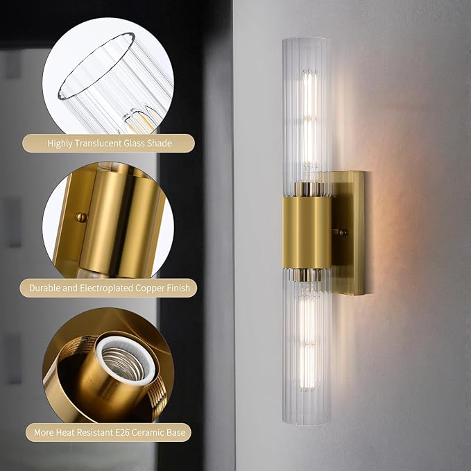 21" Gold Bathroom Sconces Set of 2 , Modern Wall Sconces Set of Two with Threaded Glass, Hardwired Up Down Wall Lighting Vanity Fixtures for Bedroom Bathroom Living Room Hallway (Bulb Not Included)