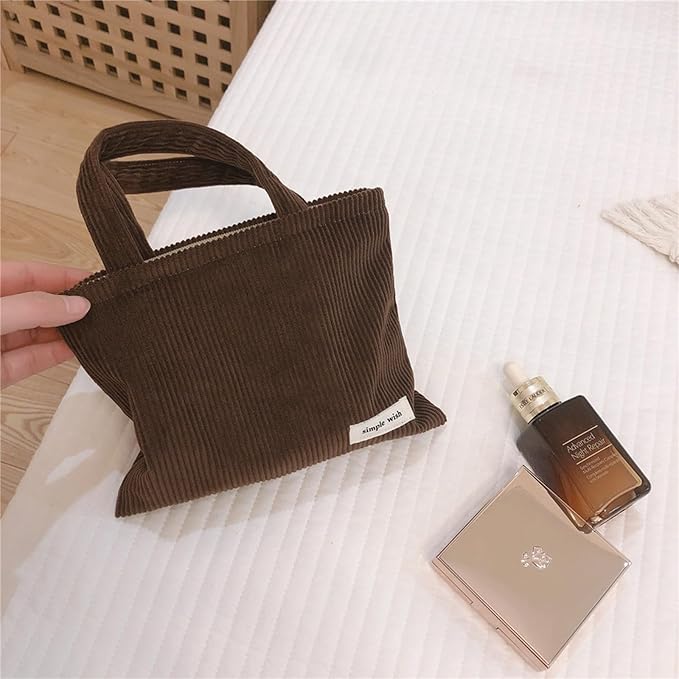 Wudygirl Makeup Bag Travel Cosmetic Bag for Women Small Makeup Pouch with Handle Zipper Cosmetic Pouch Handbag Aesthetic 8.3" x 6.7"(Coffee)