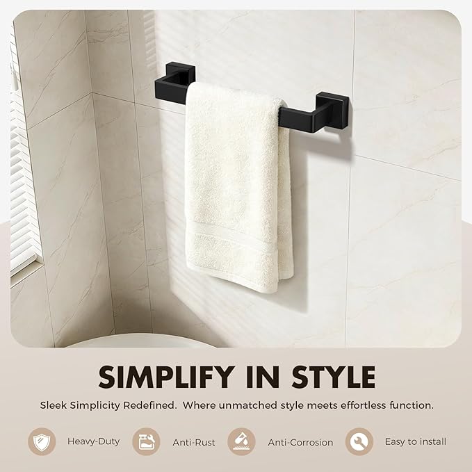 Bathroom Accessories Towel Bar Set: 10 Pieces Matte Black Bathroom Hardware Square SUS304 Stainless Steel - Wall Mounted Towel Rack&Toilet Paper Holder&Towel Ring and Towel Hook