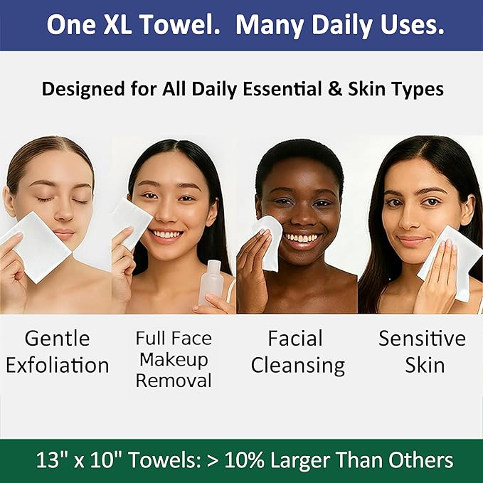 3D Nonwoven Face Towels-XL 13”x10”, 50Cts=150 Uses, Cut Waste & Cost 70%, Ultra-Clean, Soft & Durable, Dual-Surface: Cleanse, Exfoliate, Includes Wash Bag & Hook