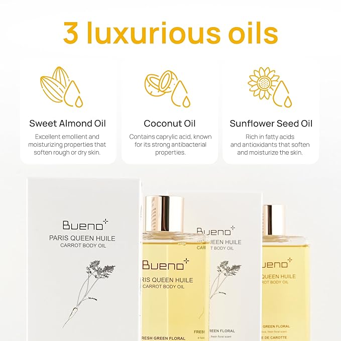 Bueno+ Paris Queen Huile Carrot Body Oil | Fast-Absorbing Non-Greasy Glow Formula | Brightens & Hydrates with Carrot Extract & Beta-Carotene | Fresh Green Floral Scent | All Skin Types | 6.7 Fl Oz