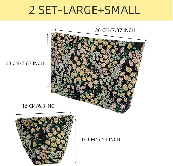 RIKMOXR 2 Pcs Makeup Bags, Large Cosmetic Bag Travel Toiletry Bag Organizer for Women, Embroidery Craft, Floral Makeup Bag Small Cosmetic Pouch Purse with Zipper Gifts for Girls Teen