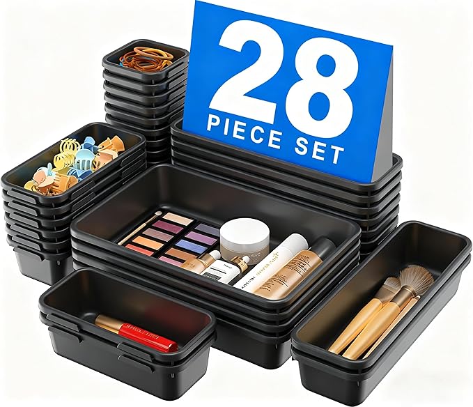 A-LuGei 【Military Grade】 Drawer Organizer,【𝟱𝗦𝗶𝘇𝗲】 Makeup organizer,【Holds 177 Items】 Bathroom Organizers and Storage,Organization and Storage,Desk Drawer Organizer for Vanity【Black】