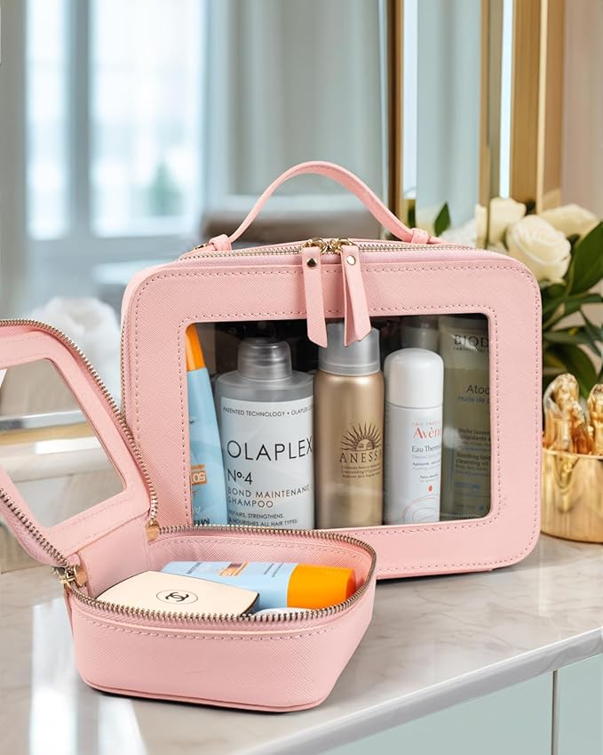 LETGO 2 Pack Clear Travel Toiletry Bag for Women, Large & Mini Waterproof PU TSA Approved Cosmetic Pouches, Portable Beach Vacation Makeup Organizer Set, See Through Skincare Sunscreen Bags for Women