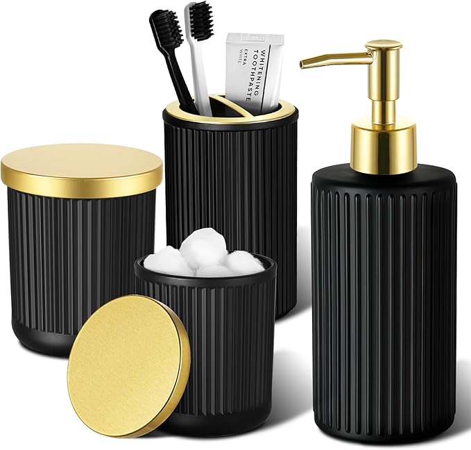 RYTOXILO Matte Black and Gold Bathroom Accessories Set, 4 Pack Glass Bath Accessory Sets Complete, Ribbed Soap Dispenser and Toothbrush Holder Set with 2 Qtip Holders, Modern Gold Bathroom Decor