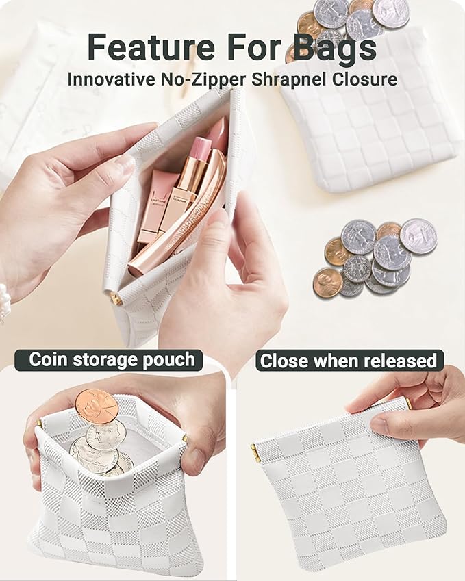 MXXUUOOM 2 Pack Small Makeup Bag for Purse Leather Cosmetic Pouch Organizer, Snap Closure Checkered Makeup Bag, Mini Lipstick Coin Pouch, Travel Makeup Organizer for Women(white)