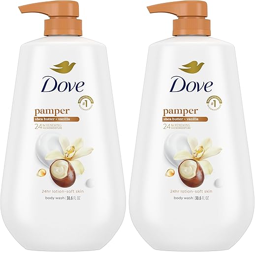 Dove Body Wash with Pump Pamper Shea Butter & Vanilla for 24hr Lotion-Soft Skin Moisturizing Skin Cleanser with No Sulfates No Parabens 30.6 oz,(Pack of 2)