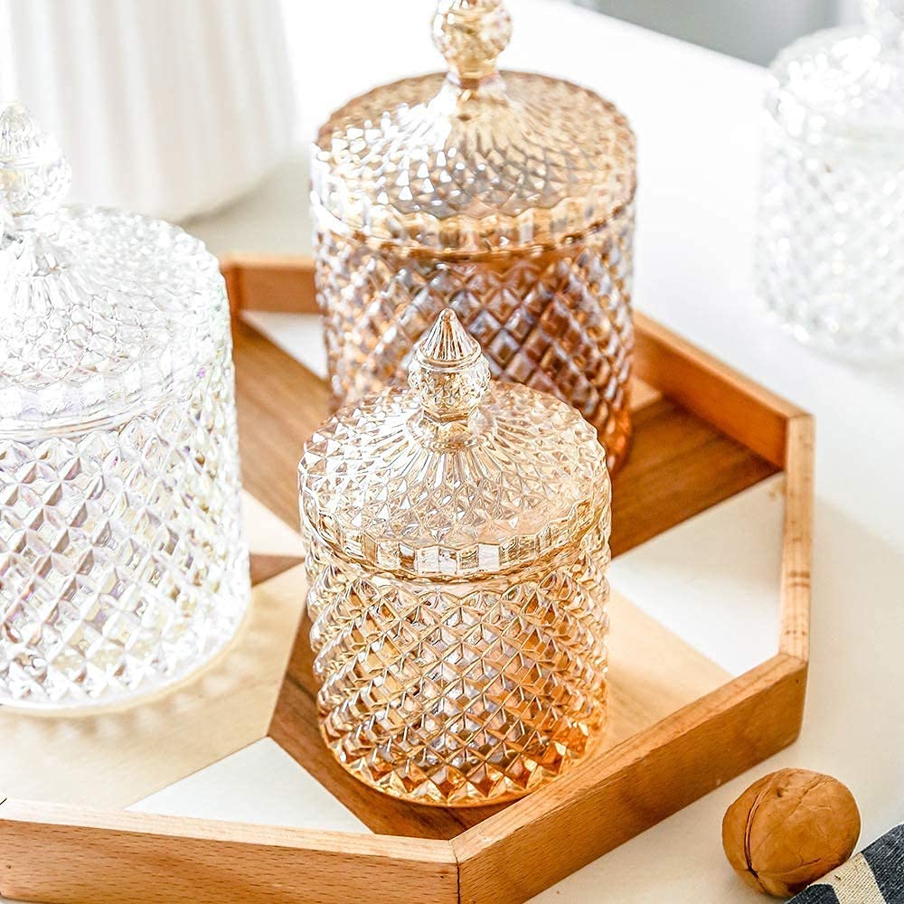 CLOVERHOME Colorful Home Decorative Jar Qtips Holder Dispenser Glass Storage Container Bathroom Counter Vanity Organizer for Bath Salts/Swabs/Rounds Makeup Sponges Toothpick Jewelry(Amber,10 oz)