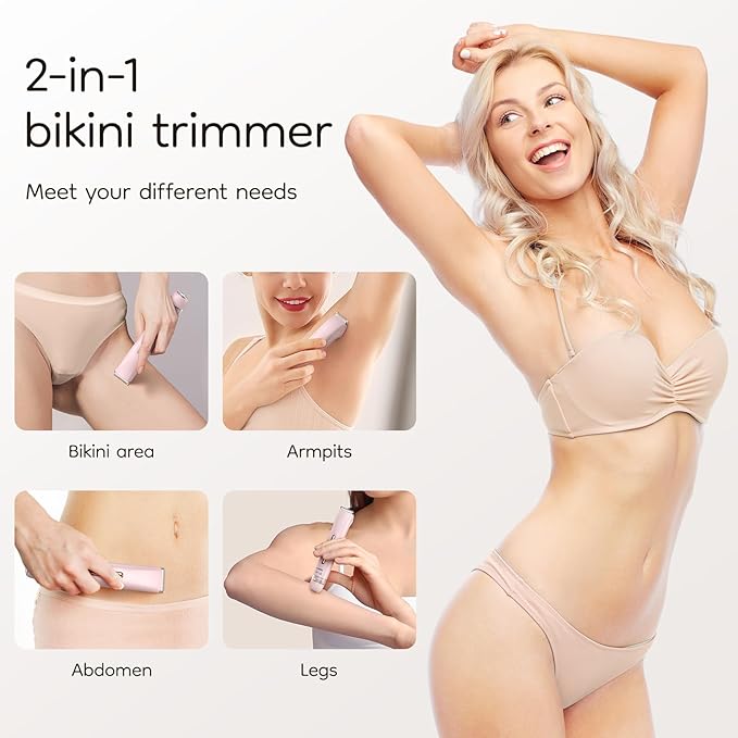 Bikini & Body Hair Trimmer for Women, Dual Head - IPX7 Waterproof Electric Razor for Gentle Pubic, Facial, Underarm, and Leg Shaving