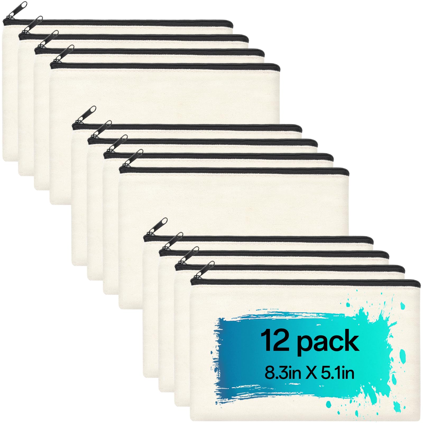 ZeeDix 12-Piece Canvas Pouch Bulk - Beige Blank DIY Craft Bag Zipper Bags Multipurpose Cosmetic Makeup Travel Toiletry Bag for Storage (8.3 x 5 inches)