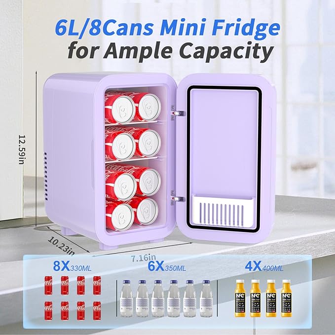 YASHE Mini Fridge, 6 Liter/8 Can 110V AC/DC Portable Thermoelectric Cooler Refrigerators for Bedroom, Skincare, Beverage, Office, Dorm Room and Car, Purple
