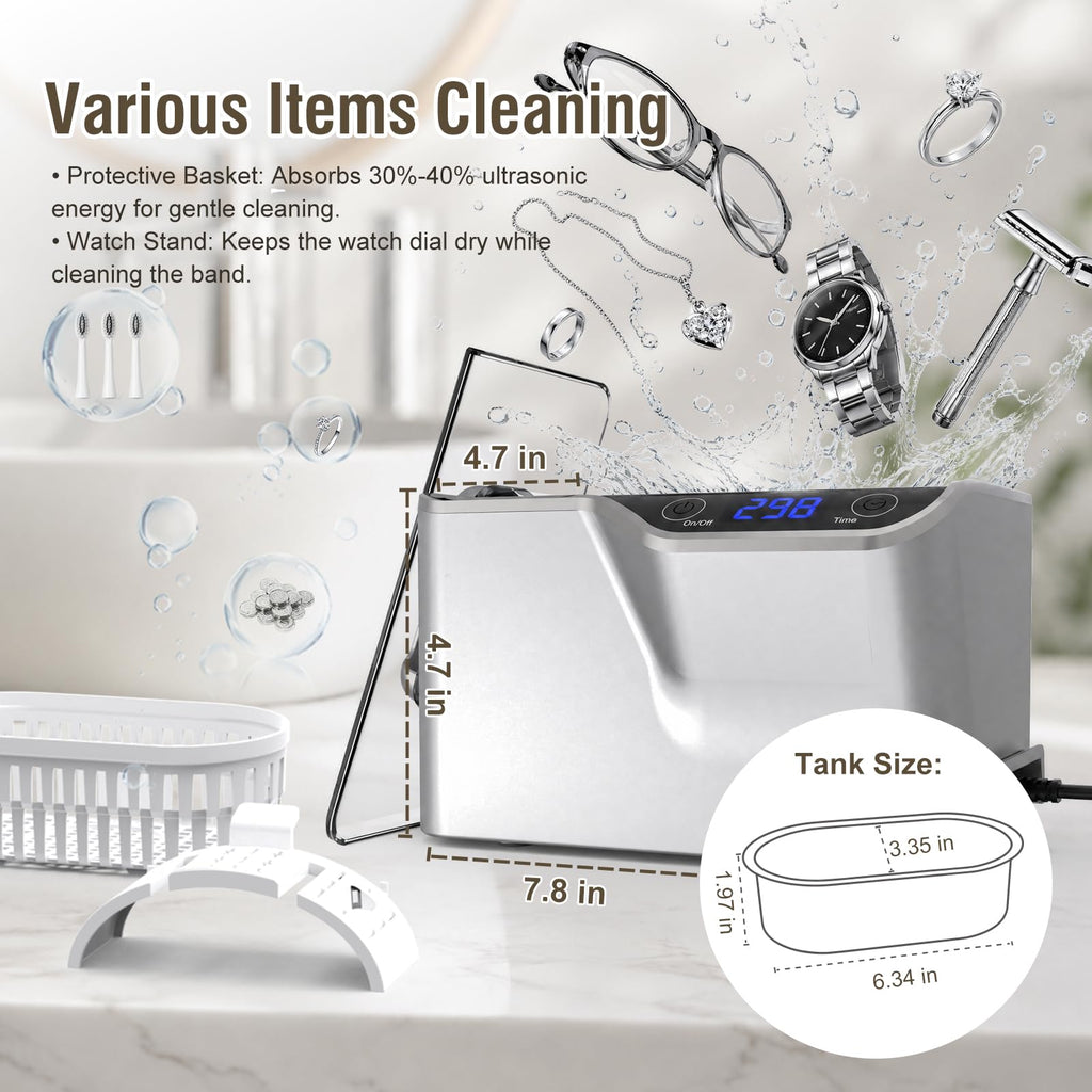 LifeBasis Ultrasonic Cleaner, Professional 45kHz Ultrasonic Jewelry Cleaner 20 Ounces (600ML) with Digital Timer, Watch Holder Ultrasonic Glasses Cleaner for Rings, Coins, Watches, Dentures, Silver