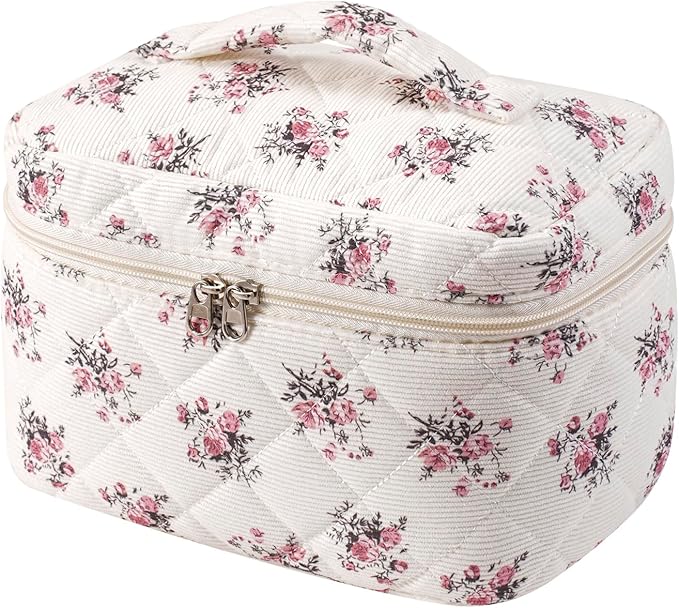 uekeboag Large Travel Quilted Makeup Bag for Women, Floral Cotton Cosmetic Bag, Coquette Aesthetic Floral Toiletry Organizer Bag(Corduroy Pink