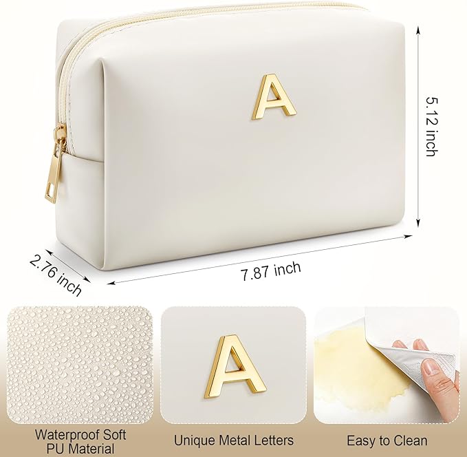 Kigeli Gifts for Women Teen Girls Gifts for Bridesmaid Mom Teachers Graduation Birthday Wedding Personalized Initial Makeup Bag Beige PU Leather Monogram Cosmetic Waterproof Travel Toiletry Bag(J)