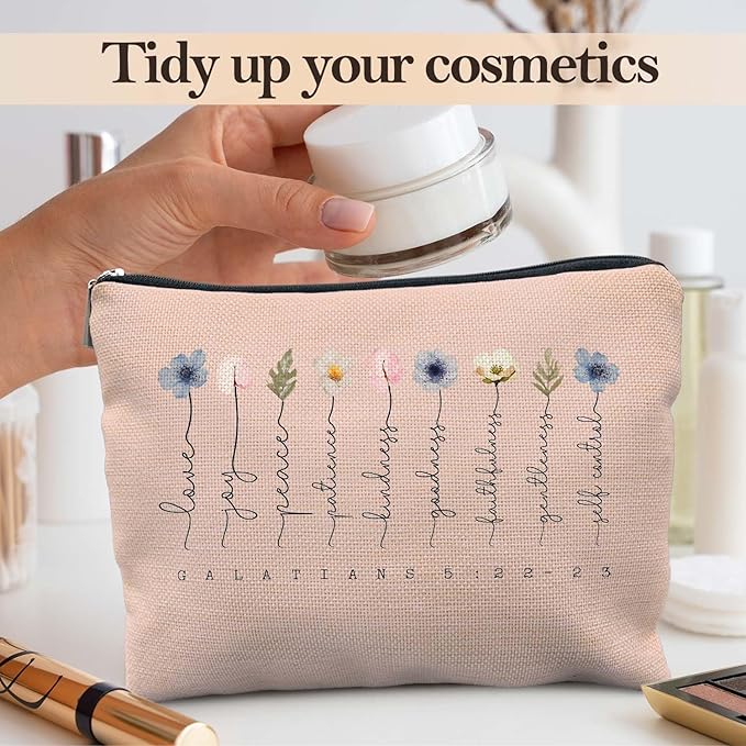 Likjad Christian Gifts Makeup Bag, Floral Christian Cosmetic Bags for Women, Galatians 5:22-23 Bible Verse Makeup Pouch, Faith Based Gifts Zipper Pouch(light pink)