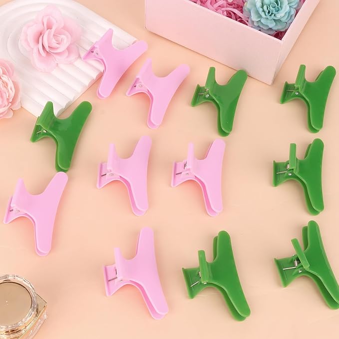 BAHABY Hair Clips for Styling Sectioning 12 Pack Green Pink Butterfly Clamps Hair Claw Clips Pro Salon Hair Clips for Styling, Sectioning, Cutting and Coloring