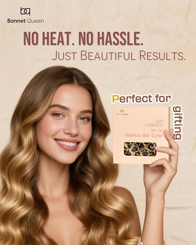 BONNET QUEEN Large Satin Heatless Hair Curler for Long Thick Hair, Heatless Curls Overnight, Hair Curlers to Sleep In, Damage-Free Waves for Women with Built-in Scrunchie, Leopard