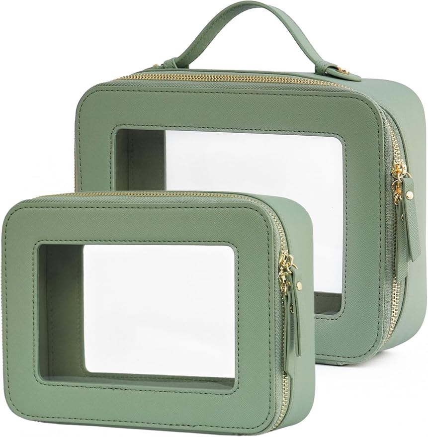 Popvibe Clear Makeup Bag Travel Cosmetic Case Transparent Toiletry Bag with Zipper, Portable Make Up Organizer Traveling Compact Car Bag for Essentials, Sage Green, Medium and Large